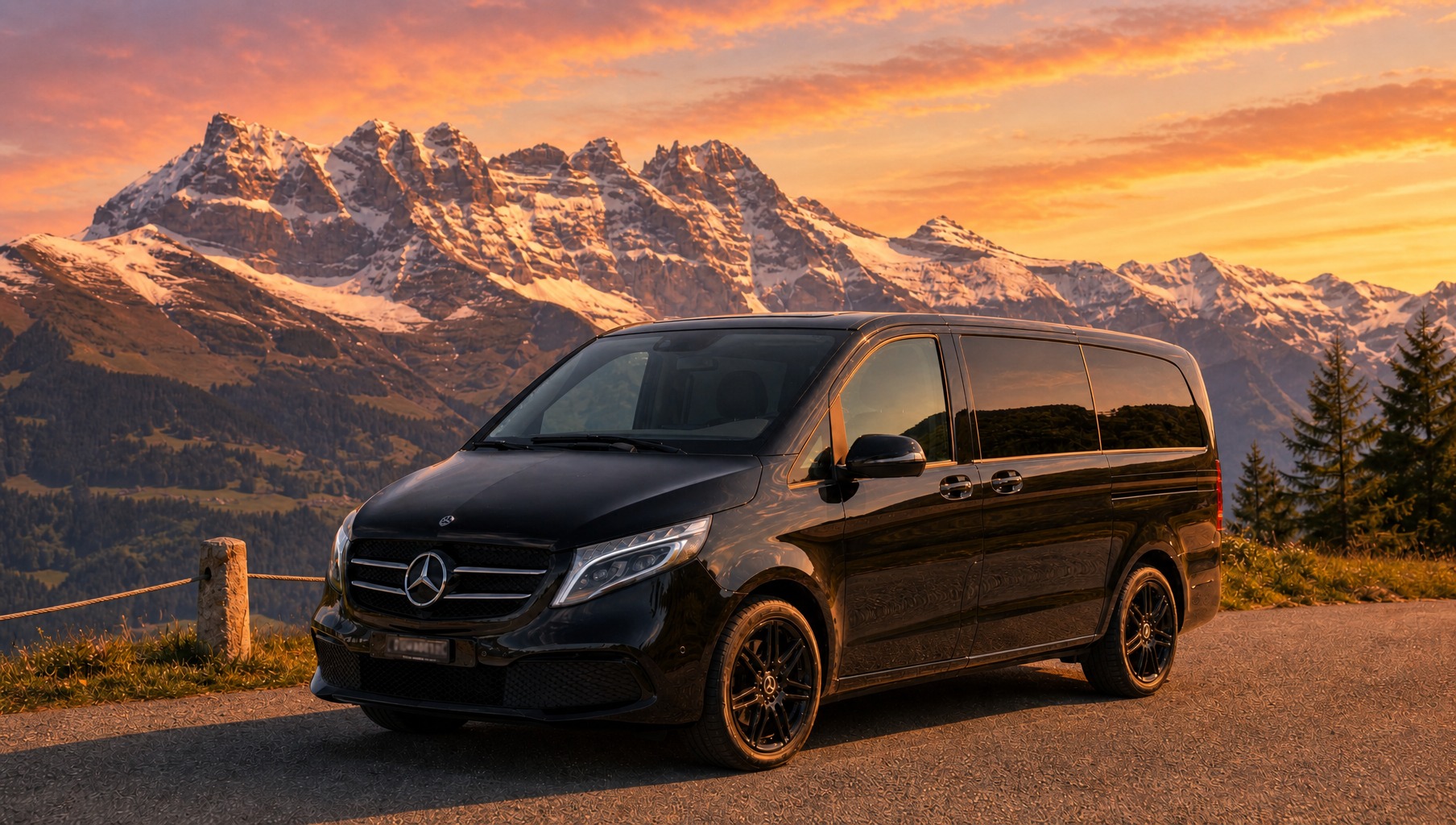 Mercedes-Benz V 300 noir de Valais Prestige Transport devant les Dents du Midi